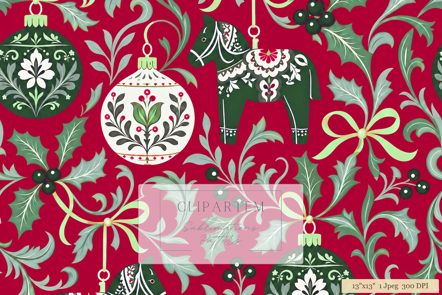 Christmas Dala Horse Floral Red Pattern