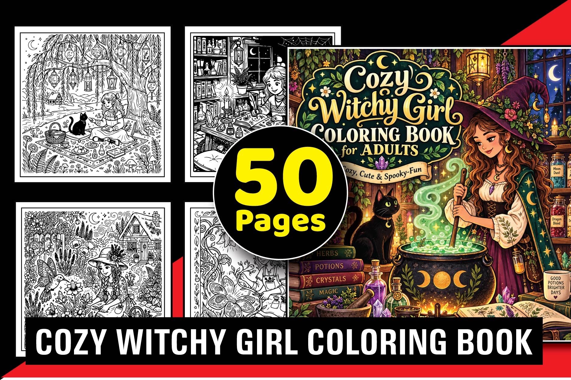Cozy Witchy Girl Adult Coloring Book