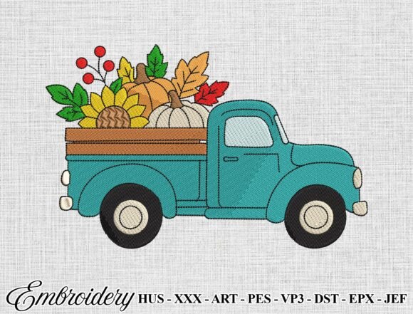 Fall Pumpkin Truck Embroidery Design