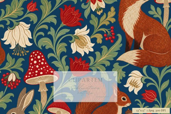 Folk Forest Fox Squirrel Floral Pattern