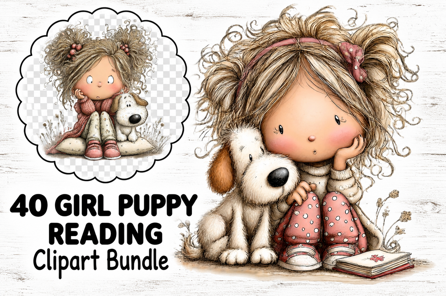 Girl Puppy Reading Clipart Bundle