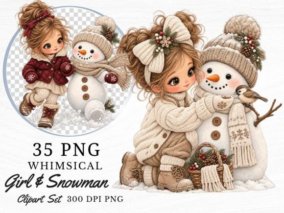 Girl and Snowman Christmas PNG Bundle