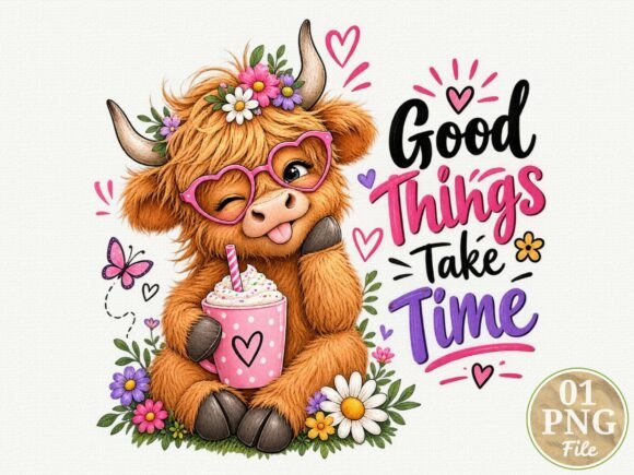 Good Things Take Time Highland Cow PNG,