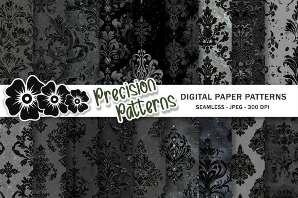Gray and Black Glitter Damask Digital Pa