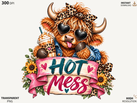 Hot Mess Highland Cow PNG, Sassy Highlan