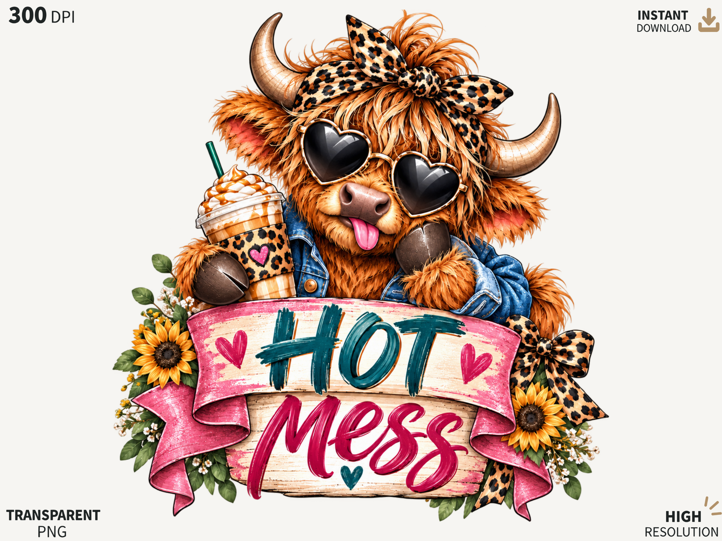 Hot Mess Highland Cow PNG, Sassy Highlan