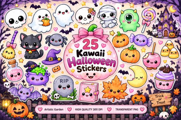 Kawaii Halloween Stickers Clipart Bundle