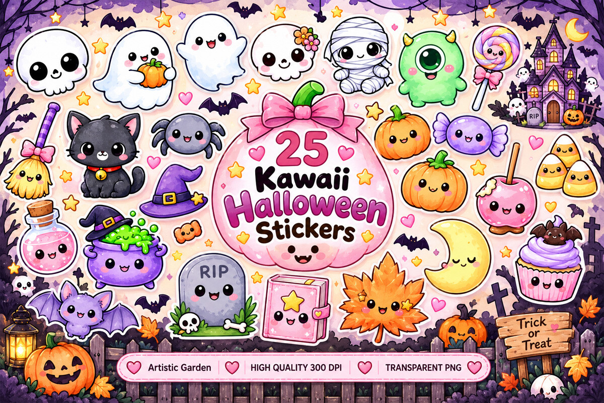 Kawaii Halloween Stickers Clipart Bundle