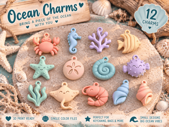 Ocean Charms STL Bundle  12 3D Printable Sea Animal Charms for Keychains - Image 1