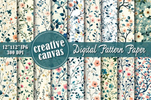 Peach Blue Floral Digital Paper