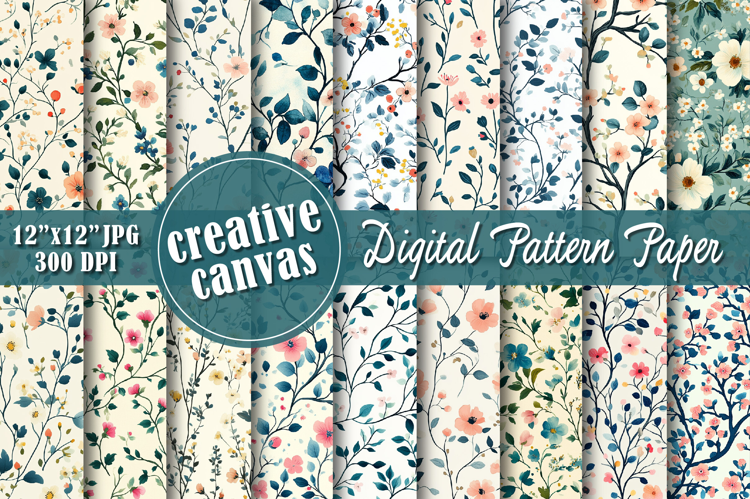 Peach Blue Floral Digital Paper