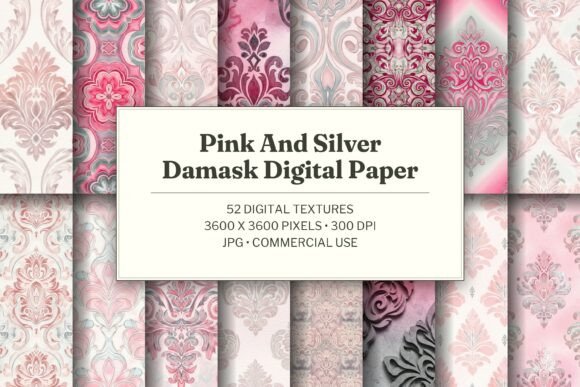 Pink and Silver Damask Digital Paper