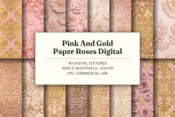 Pink and Gold Paper Roses Digital Paper