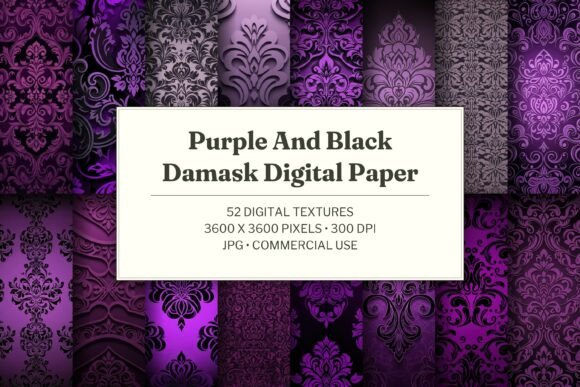 Purple and Black Damask Digital Paper