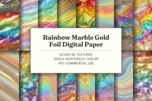 Rainbow Marble Gold Foil Digital Paper