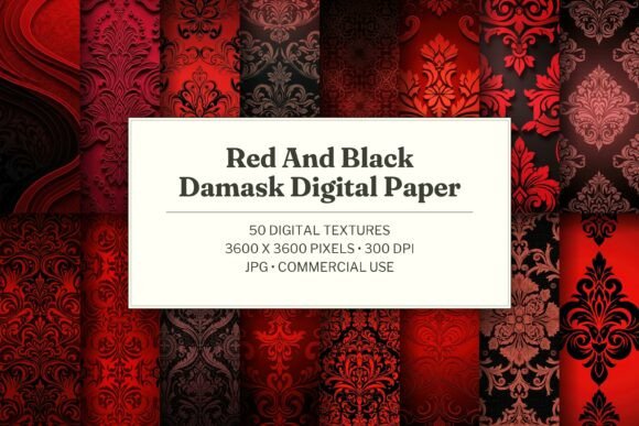 Red and Black Damask Digital Paper