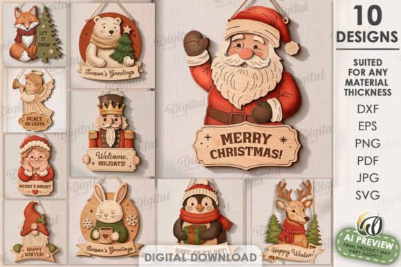 Retro Christmas Door Hangers Bundle laser cut file