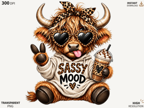 Sassy Mood Highland Cow PNG, Funny Highl