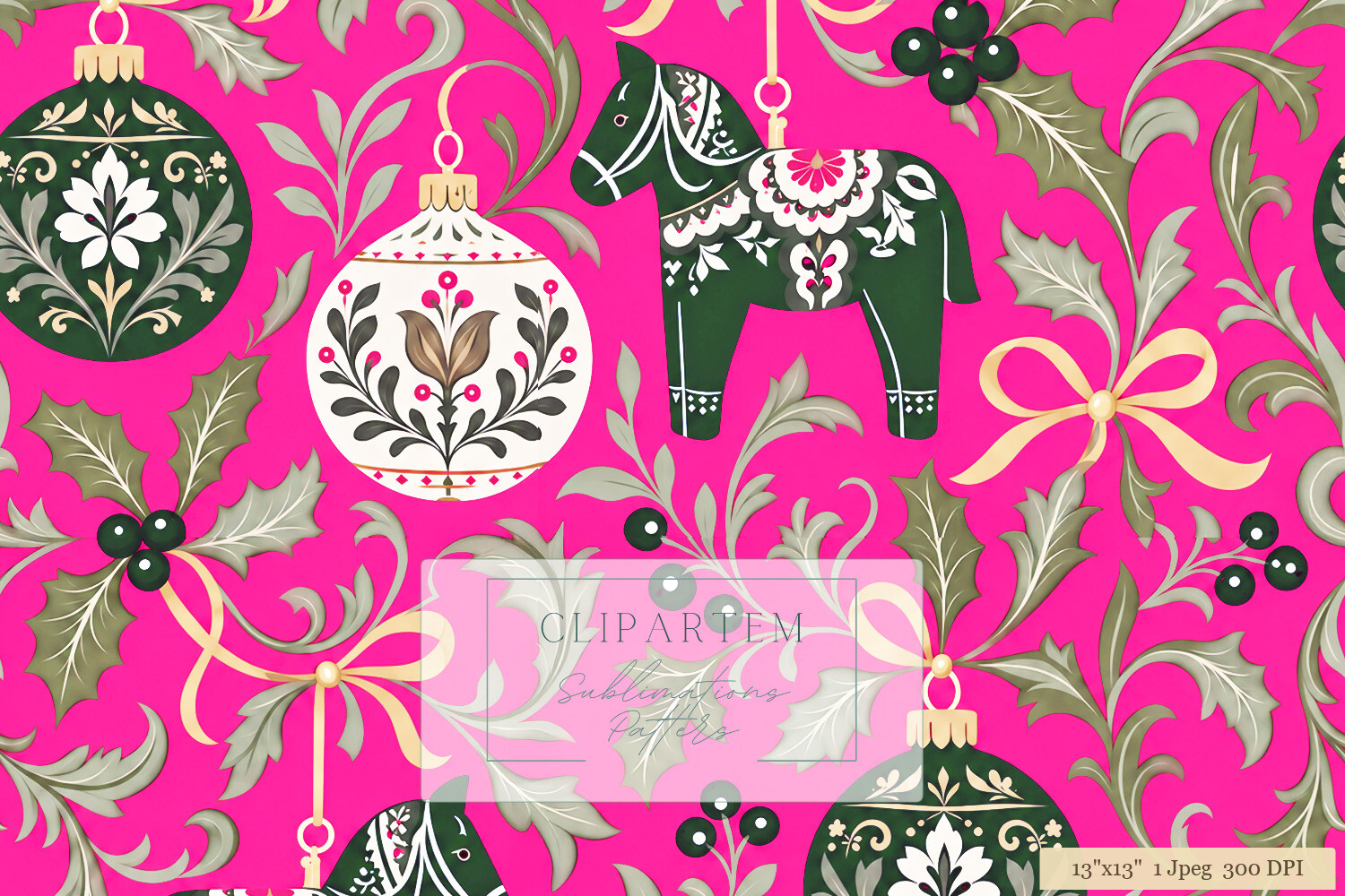 Scandi Pink Christmas Dala Horse Pattern