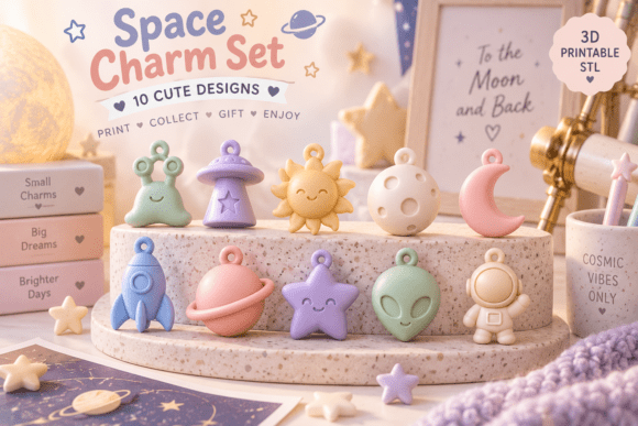 Space Charms STL Bundle – 10 Cute Cosmic 3D Print Files for Keychains & Gifts - Image 1