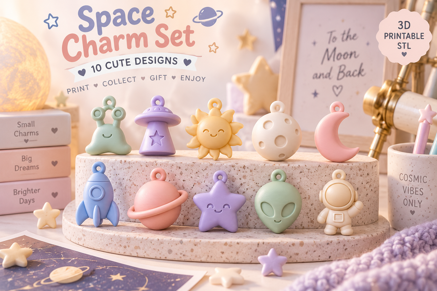 Space Charms STL Bundle – 10 Cute Cosmic 3D Print Files for Keychains & Gifts - Image 5