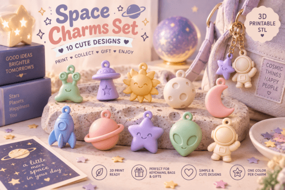 Space Charms STL Bundle – 10 Cute Cosmic 3D Print Files for Keychains & Gifts - Image 4