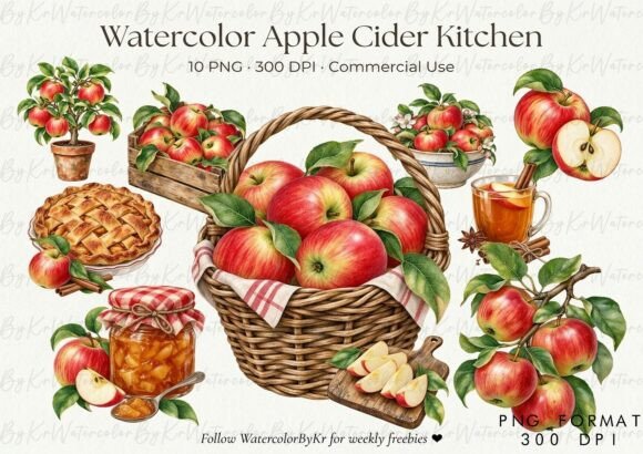 Watercolor Fall Apple Cider Kitchen PNG