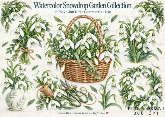 Watercolor Winter Snowdrop Garden PNG