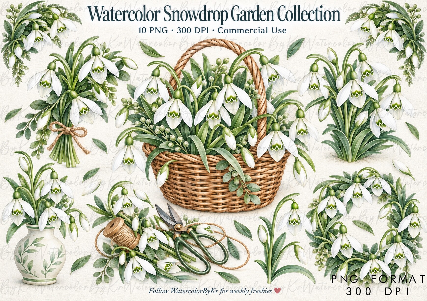 Watercolor Winter Snowdrop Garden PNG