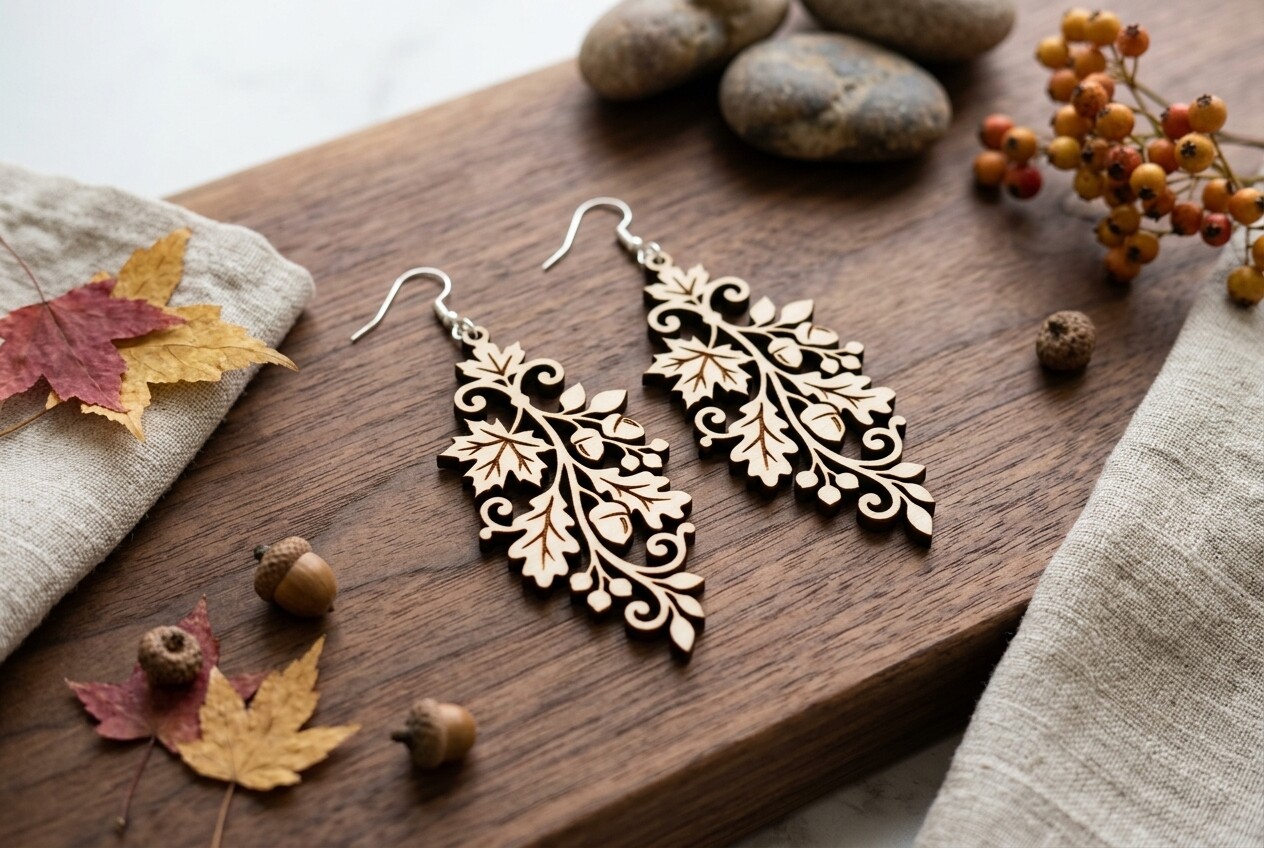 Wooden Filigree Autumn Leaf Earrings