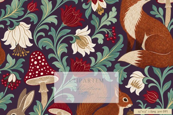 Woodland Fox Rabbit Floral Print Pattern
