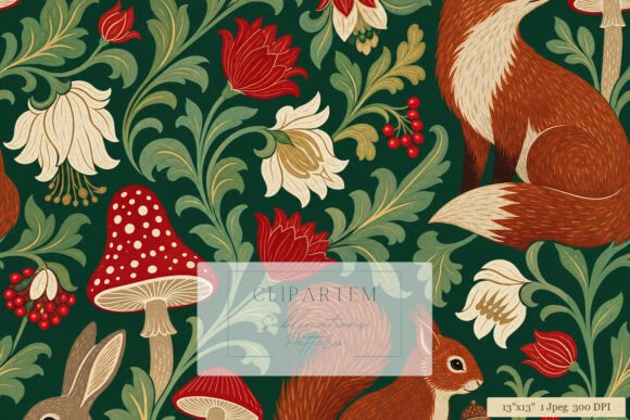 Woodland Fox Squirrel Floral Pattern