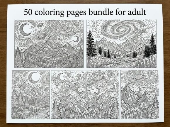 50 Cosmic Mountain Landscape Coloring