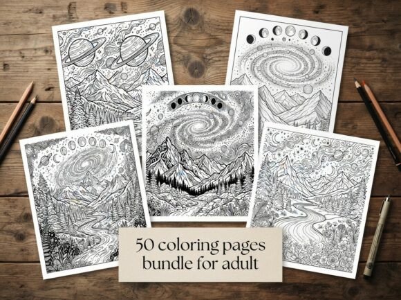 50 Cosmic Mountain Landscape Coloring