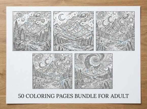 50 Cosmic Mountain Landscape Coloring
