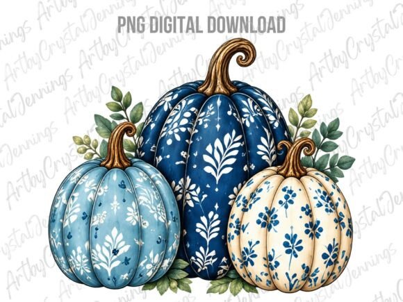 Blue Chinoiserie Fall Pumpkin PNG Graphic Illustrations By ArtbyCrystalJennings