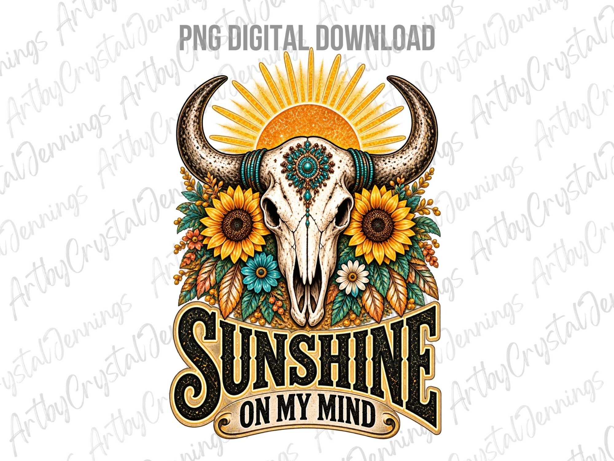 Boho Cow Skull Sunflower Sunshine PNG Graphic by ArtbyCrystalJennings ...