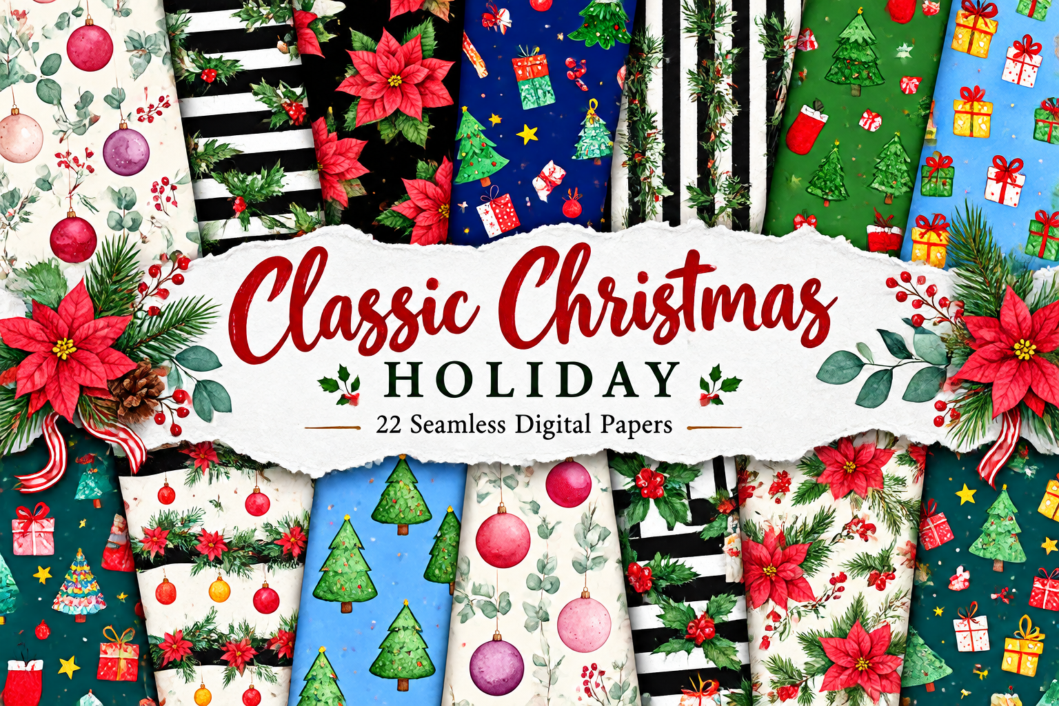 Classic Christmas Holiday Digital Papers