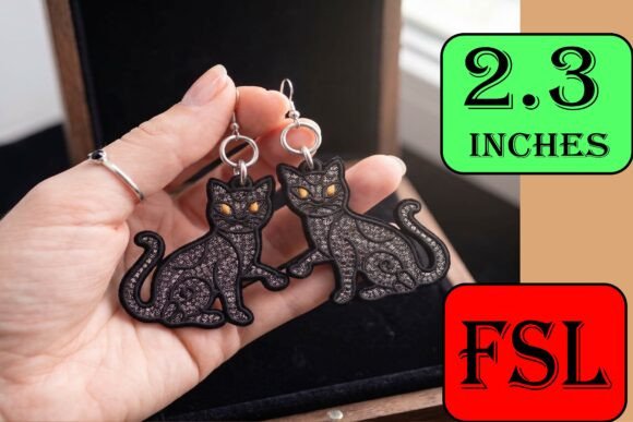 FSL Black Cat Earrings Embroidery 2.3 in
