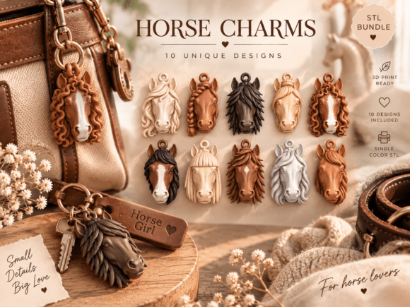 Horse Charms STL Bundle | 10 Horse Head Keychain & Charm STL Files - Image 2