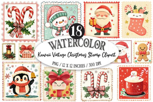 Kawaii Vintage Christmas Stamp Clipart
