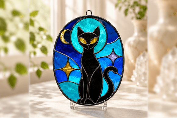 Mystical Black Cat Stained Glass Pattern