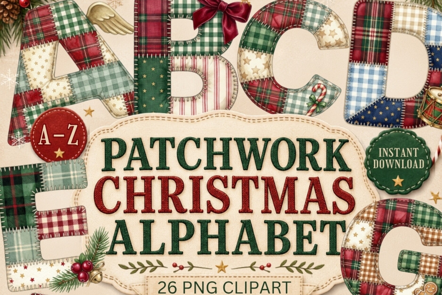 Patchwork Christmas Alphabet Clipart
