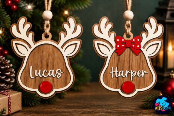 Personalized Reindeer Christmas Ornament laser cut file