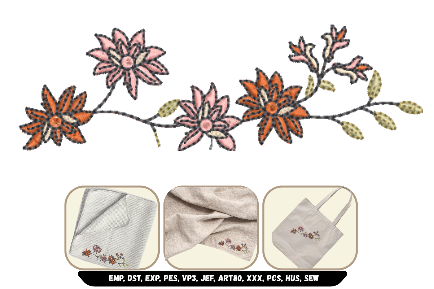 Pink Orange Floral Embroidery Design