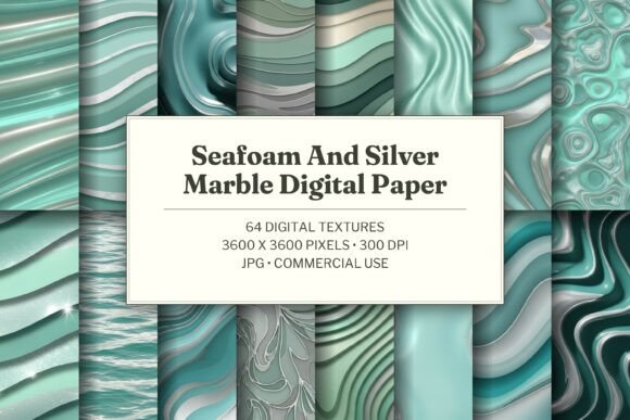 Seafoam and Silver Marble Digital Paper