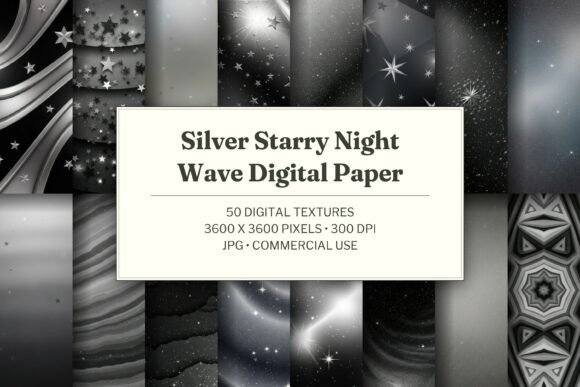 Silver Starry Night Wave Digital Paper