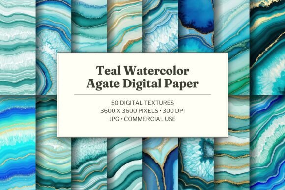 Teal Watercolor Agate Digital Paper