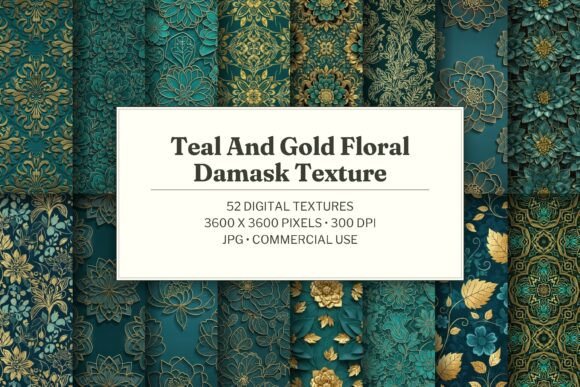 Teal and Gold Floral Damask Texture