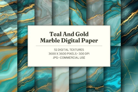 Teal and Gold Marble Digital Paper